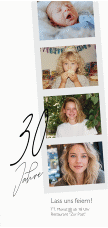 Einladung 30. Geburtstag Fotostreifen lange Karte hoch weiss
