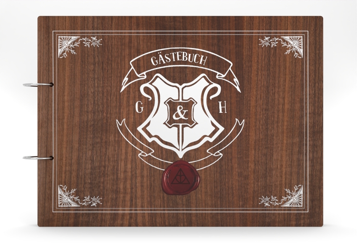 Gästebuch Holzcover Nussbaum Zauberkunst Holz-Cover, bedruckt weiss mit Fantasy-Wappen, Siegel und Zauberschule