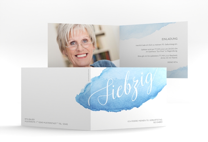 Einladung 70. Geburtstag Aquarell A6 Klappkarte quer blau
