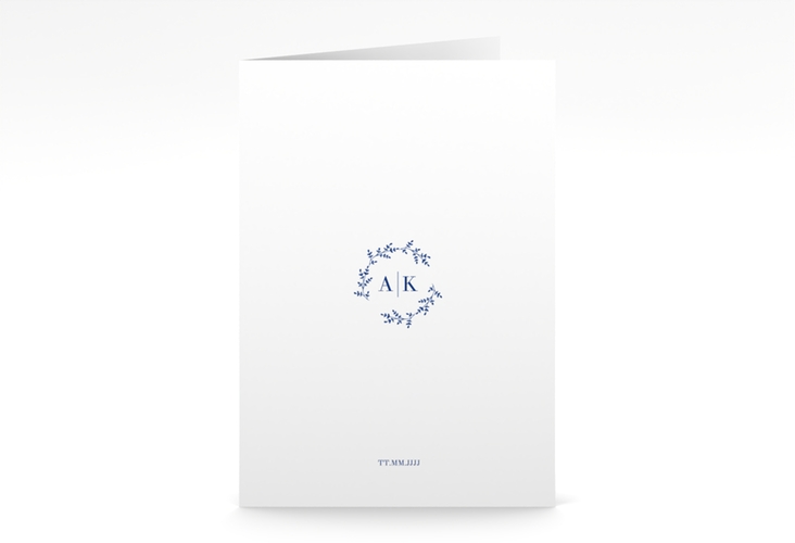 Menükarte Hochzeit Filigrana A5 Klappkarte hoch blau hochglanz in reduziertem Design mit Initialen und zartem Blätterkranz