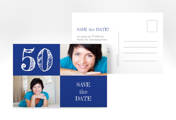 Save the Date-Postkarte Geburtstag Lebensfreude A6 Postkarte blau hochglanz