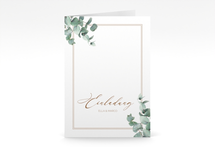 Einladungskarte Hochzeit Eucalypt A6 Klappkarte hoch weiss mit Eukalyptus und edlem Rahmen