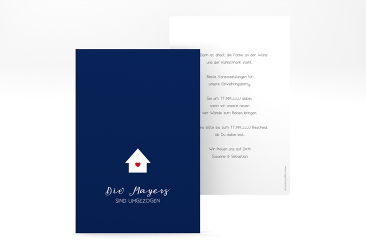Party Einladung Heimat A6 Karte hoch blau hochglanz mit kleinem Häuschen