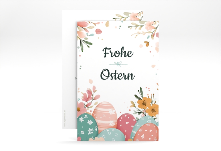 Osterkarte Osterblüte A6 Karte hoch mit bunten Ostereiern und Blütenzweigen