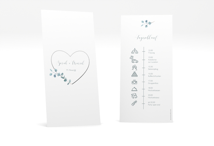 Tagesablauf Hochzeit Greenheart lange Karte hoch grau hochglanz mit elegantem Herz und Eukalyptus-Zweig
