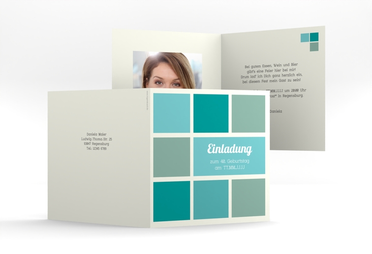 Einladung 40. Geburtstag Daniel/Daniela quadr. Klappkarte tuerkis in Retro-Farben