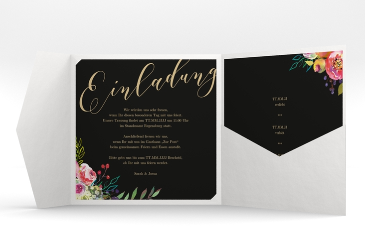 Hochzeitseinladung Flowerbomb Pocketfold schwarz