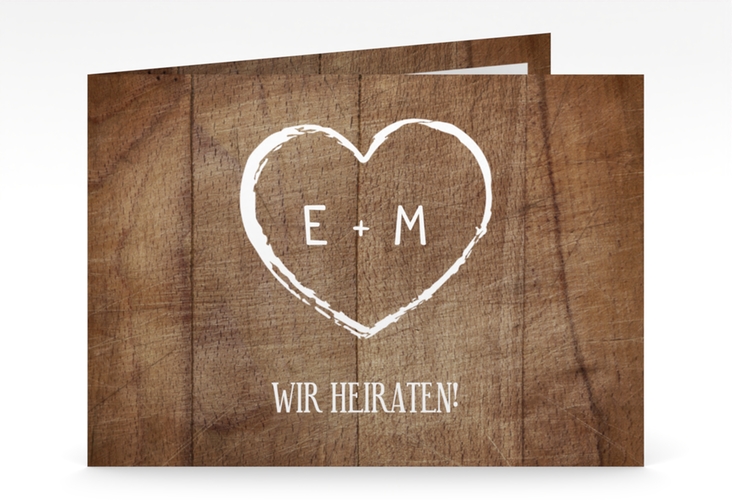 Hochzeitseinladung Wood mittlere Klappkarte quer braun