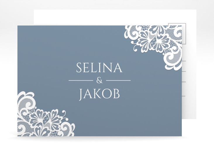 Antwortkarte Hochzeit Vintage A6 Postkarte blau mit floraler Spitze
