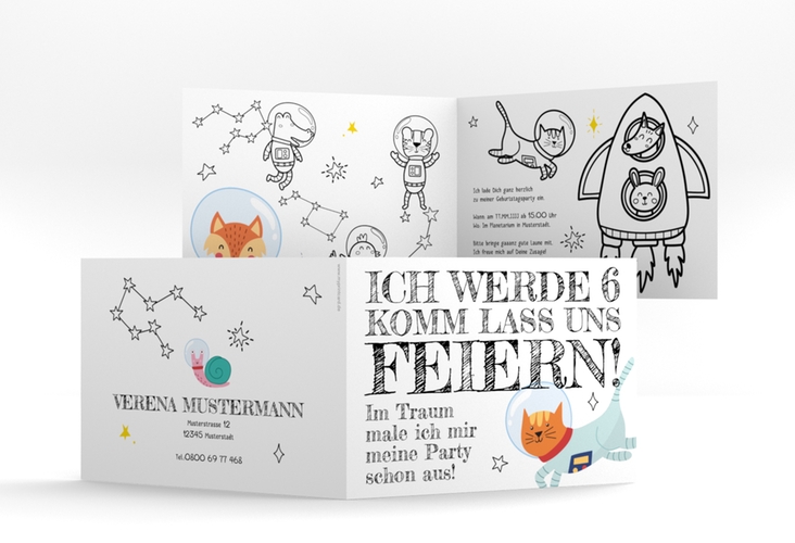 Einladungskarte Kindergeburtstag Welttraum A6 Klappkarte quer hochglanz mit Weltraum-Katze