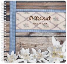 Gästebuch Ferienwohnung Bergalm Ringbindung blau in Holz-Optik mit Edelweiß