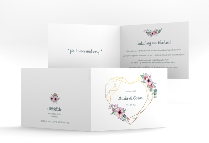 Hochzeitseinladung Herzgold A6 Klappkarte quer hochglanz