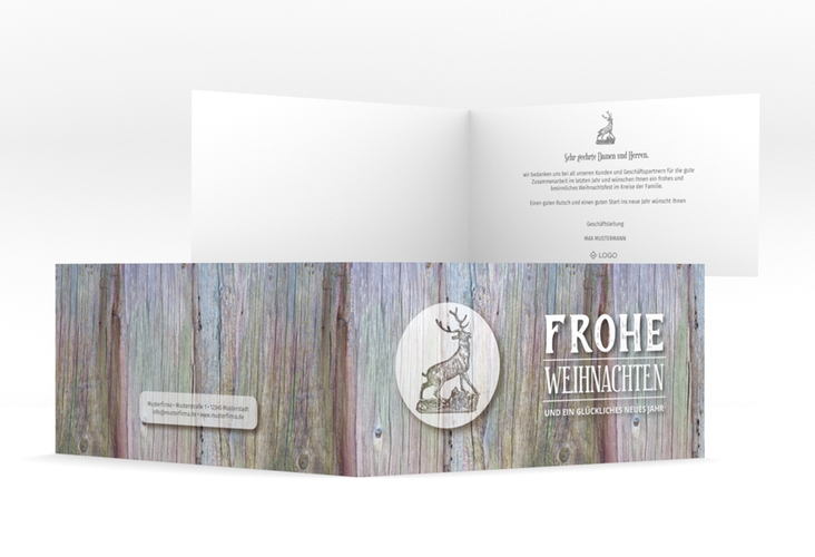 Business-Weihnachtskarte Rustikal lange Klappkarte quer grau in Holz-Optik mit Hirsch