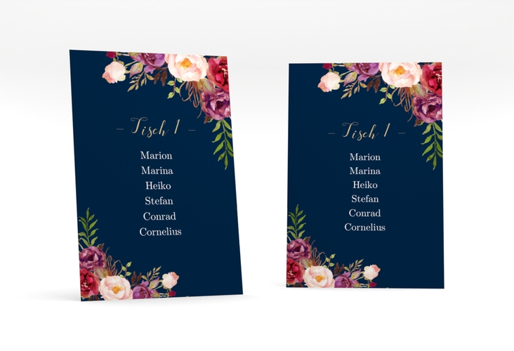 Tischaufsteller Hochzeit Flowers Tischaufsteller blau mit bunten Aquarell-Blumen