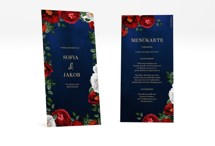 Menükarte Hochzeit Florista lange Karte hoch blau