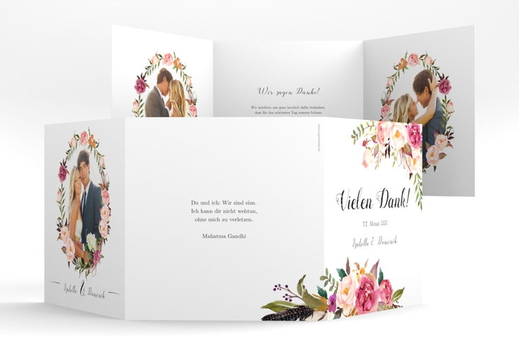 Dankeskarte Hochzeit Flowers quadr. Doppel-Klappkarte weiss mit bunten Aquarell-Blumen