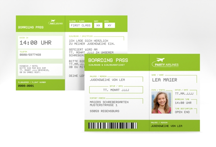 Einladung Jugendweihe Ticket A6 Karte quer gruen