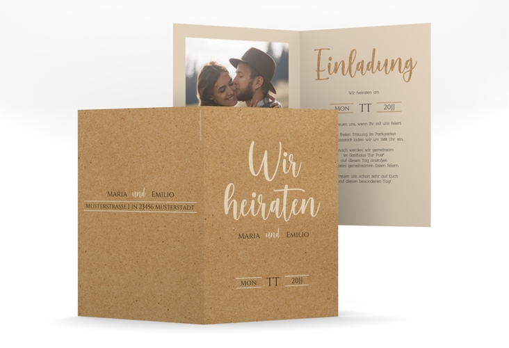 Einladungskarte Hochzeit Noble A6 Klappkarte hoch Kraftpapier mit elegantem Schriftzug