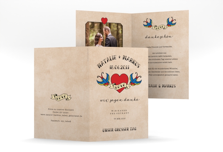 Danksagungskarte Hochzeit Tattoo A6 Klappkarte hoch beige mit Herz und zwei Schwalben