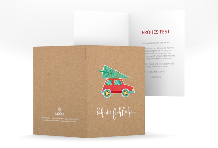 Business-Weihnachtskarte Weihnachtslust A6 Klappkarte hoch hochglanz humorvoll mit Christbaum auf Auto