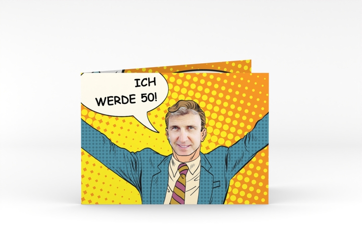 Einladung 50. Geburtstag Popart Man A6 Klappkarte quer