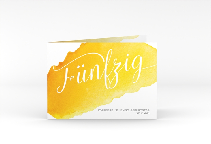 Einladung 50. Geburtstag Aquarell A6 Klappkarte quer gelb
