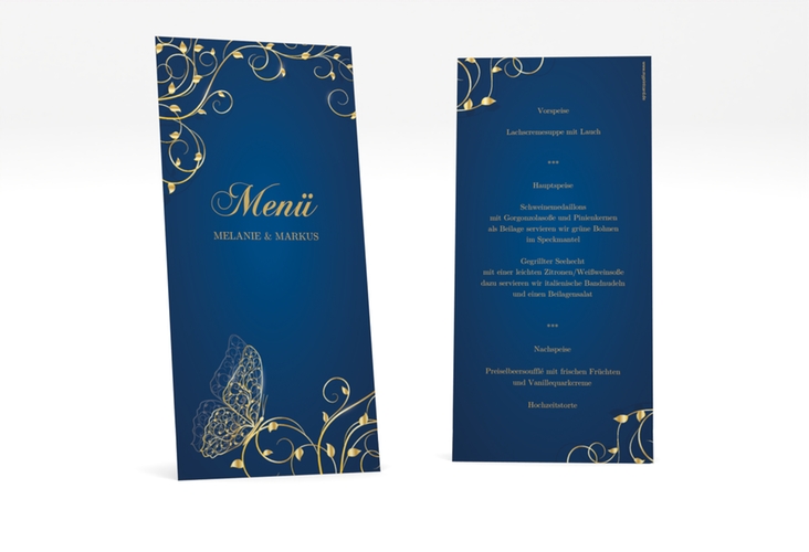 Menükarte Hochzeit Eternity lange Karte hoch blau hochglanz