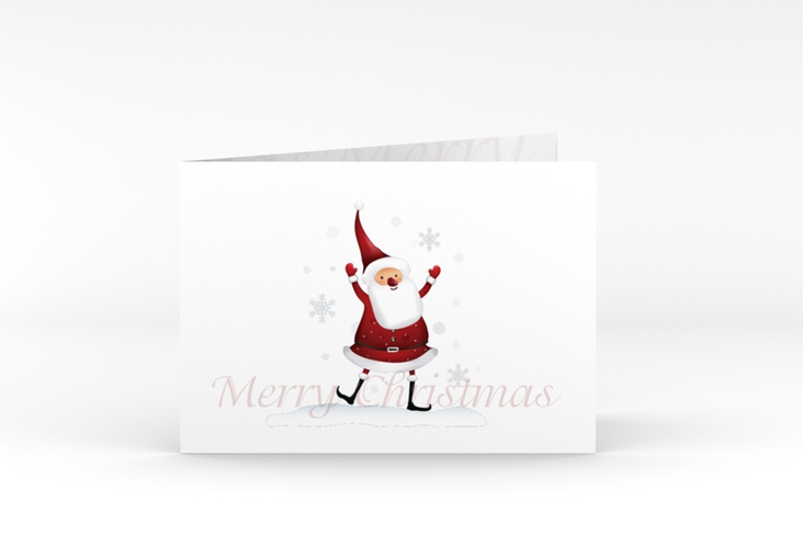 Weihnachtskarte Schneemann A6 Klappkarte quer weiss hochglanz mit Weihnachtsmann im Schnee