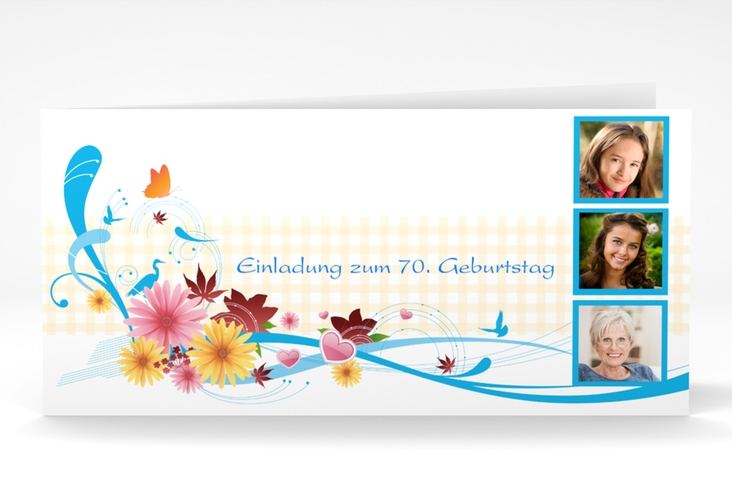 Einladung 70. Geburtstag Elisabeth lange Klappkarte quer blau hochglanz