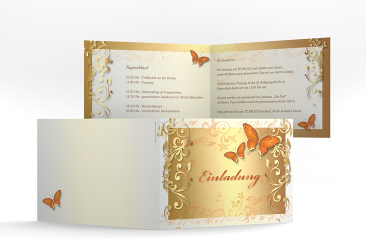 Hochzeitseinladung Toulouse A6 Klappkarte quer orange hochglanz mit Schmetterlingen und Schnörkeln