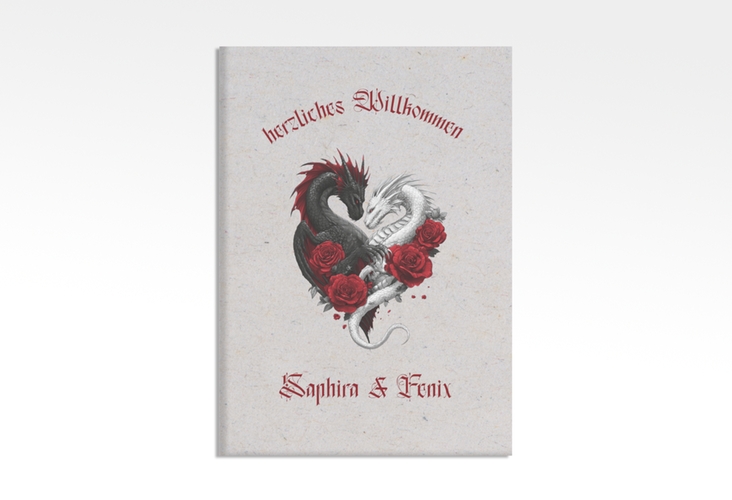 Willkommensschild Leinwand Drachenliebe 50 x 70 cm Leinwand grau mit schwarzem und weißem Drachen zu einem Herz verschlungen