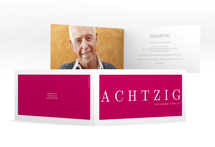 Einladung 80. Geburtstag Schlicht lange Klappkarte quer pink