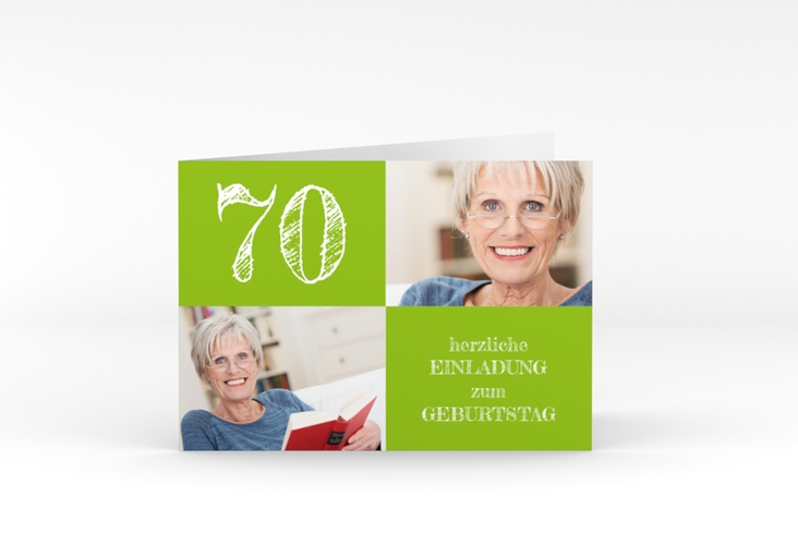 Einladung 70. Geburtstag Lebensfreude A6 Klappkarte quer gruen hochglanz