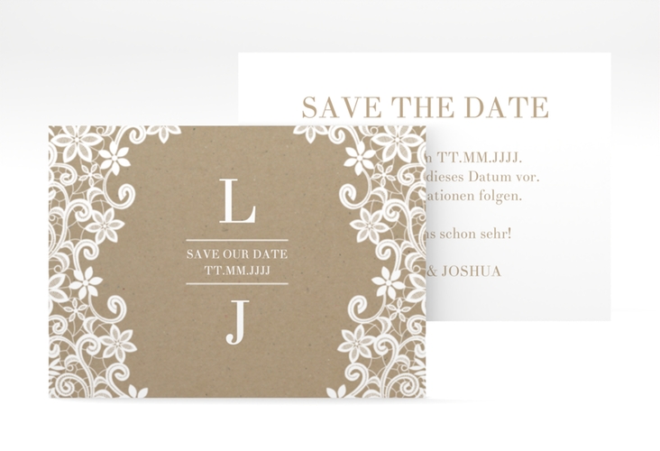 Save the Date-Visitenkarte Bella Visitenkarte quer hochglanz mit weißer Brautspitze um Initialen