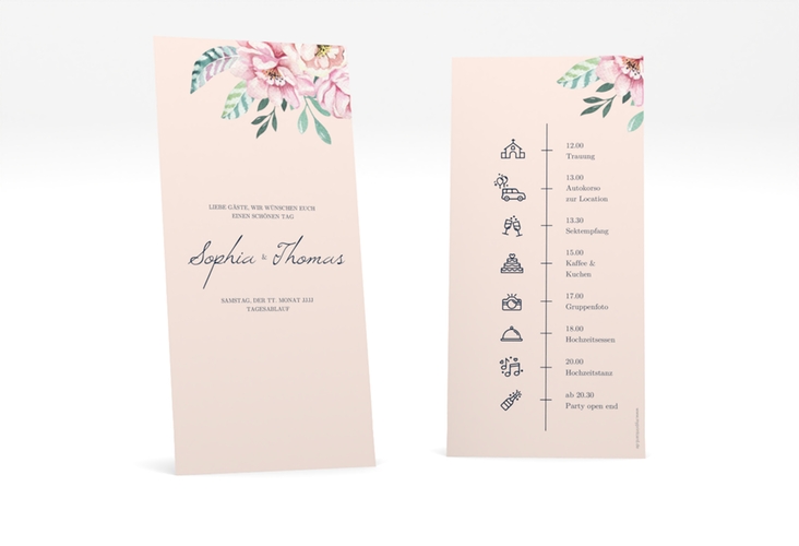 Tagesablauf Hochzeit Blooming lange Karte hoch rosa hochglanz
