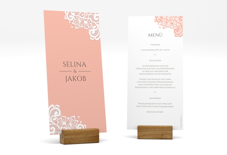 Menükarte Hochzeit Vintage lange Karte hoch apricot mit floraler Spitze
