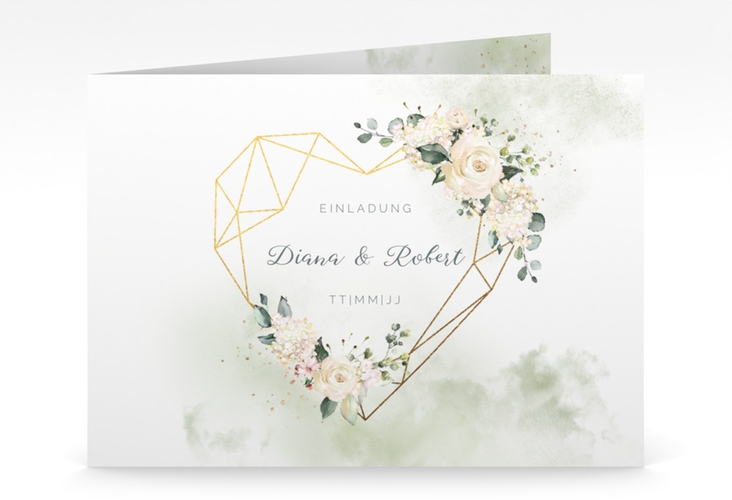 Hochzeitseinladung Adore mittlere Klappkarte quer mit geometrischem Herz und Rosen in Pastell