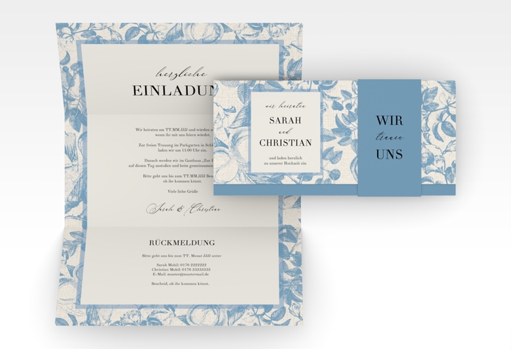 Hochzeitseinladung Toile Wickelfalzkarte + Banderole blau mit Blättermuster im Toile-de-Jouy-Stil