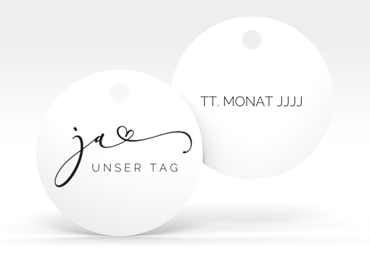 Geschenkanhänger Hochzeit Jawort Geschenkanhänger, rund weiss modern minimalistisch mit veredelter Aufschrift