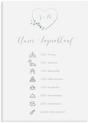 Klick: Details zu Tagesablauf Leinwand Hochzeit "Greenheart" anzeigen Tagesablauf Leinwand Hochzeit Greenheart 50 x 70 cm Leinwand grau mit elegantem Herz und Eukalyptus-Zweig