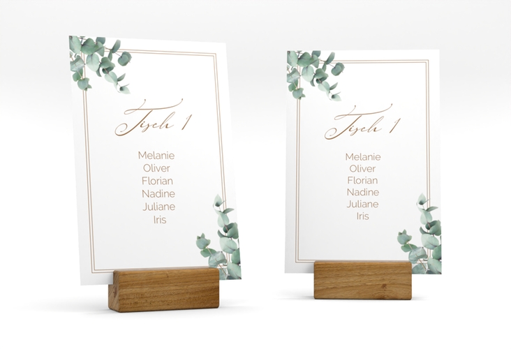 Tischaufsteller Hochzeit Eucalypt Tischaufsteller weiss mit Eukalyptus und edlem Rahmen
