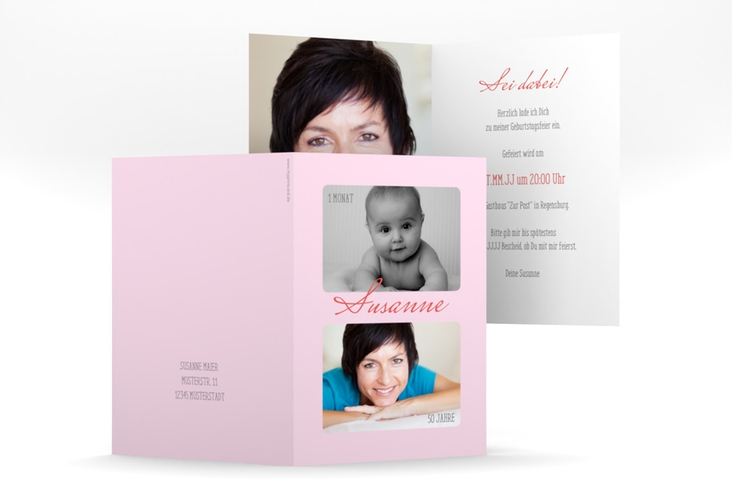 Einladung 50. Geburtstag Zeitlos A6 Klappkarte hoch rosa mit Damals- und Heute-Fotos