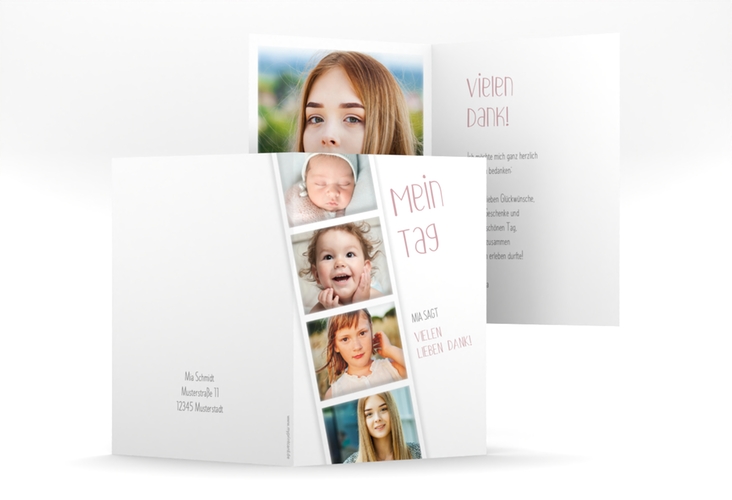 Danksagung Jugendweihe Photostrip A6 Klappkarte hoch rosa