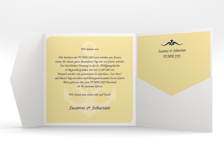Hochzeitseinladung Sylt Pocketfold gelb mit Leuchtturm