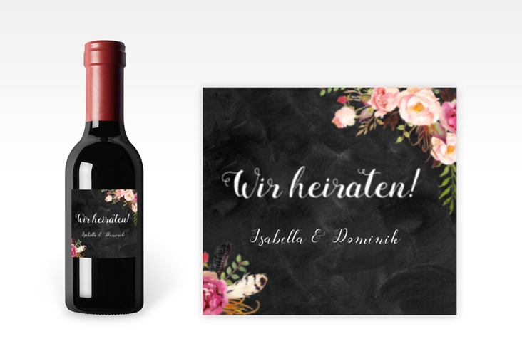 Piccoloetikett Hochzeit Flowers Etikett Piccolo schwarz mit bunten Aquarell-Blumen