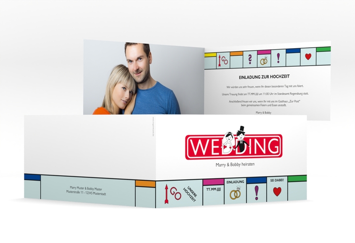 Hochzeitseinladung Brettspiel lange Klappkarte quer