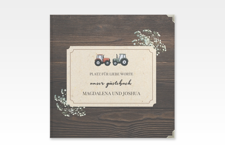 Gästebuch Selection Hochzeit Bauernhochzeit Leinen-Hardcover in rustikaler Holz-Optik mit Schleierkraut und zwei kleinen Traktoren