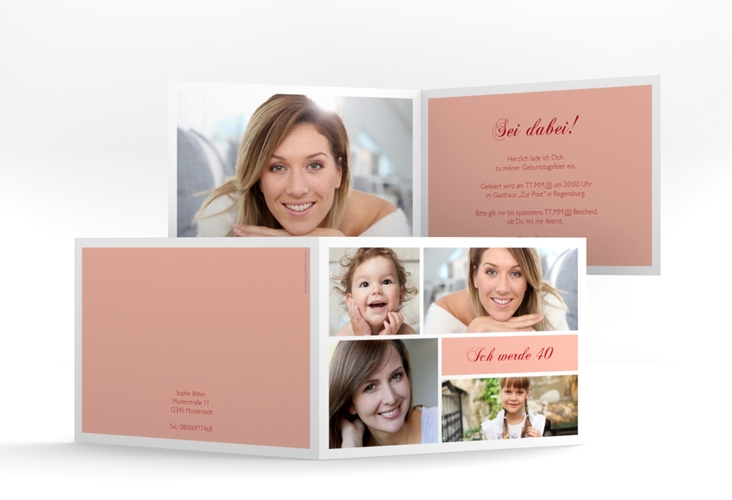 Einladung 40. Geburtstag Bilderserie A6 Klappkarte quer rosa mit mehreren Fotos