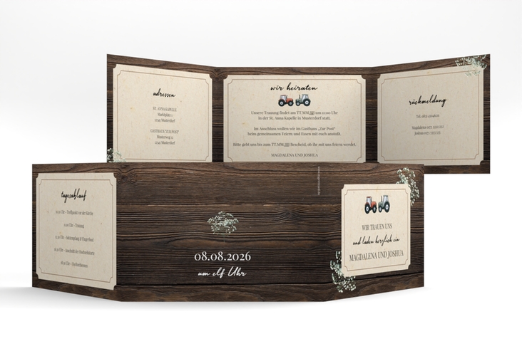 Hochzeitseinladung Bauernhochzeit A6 Doppel-Klappkarte in rustikaler Holz-Optik mit Schleierkraut und zwei kleinen Traktoren