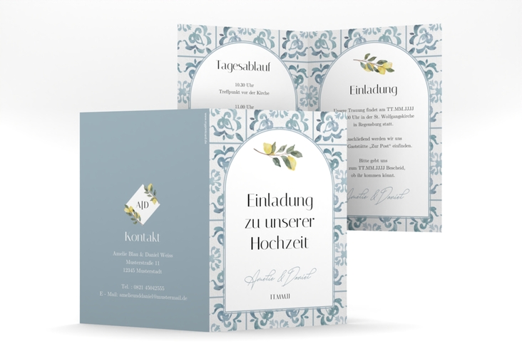 Einladungskarte Hochzeit Azulejo A6 Klappkarte hoch blau mit mediterranem Azulejo-Muster und Zitronen